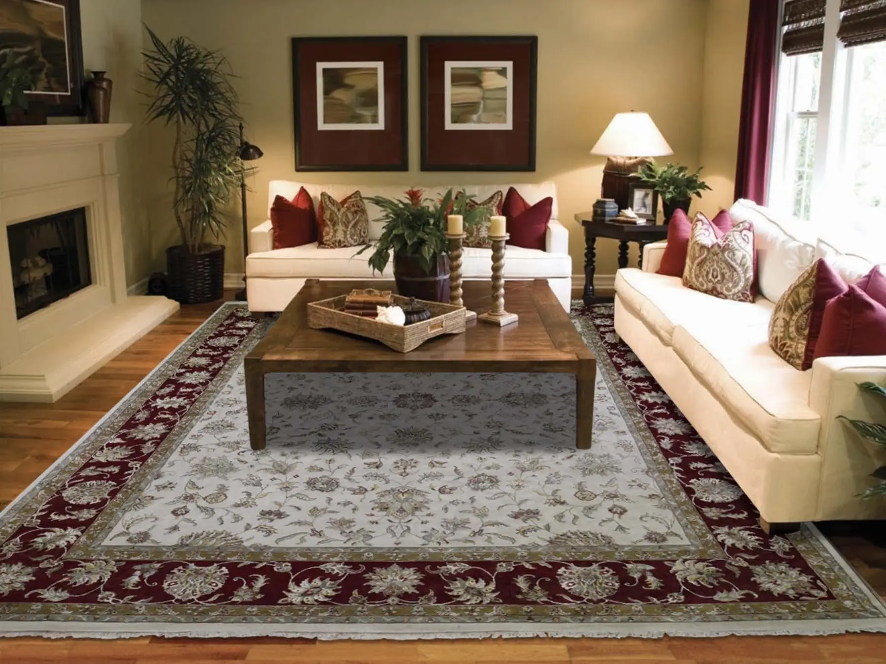 A sophisticated living room with a large, textured rug as the centerpiece.