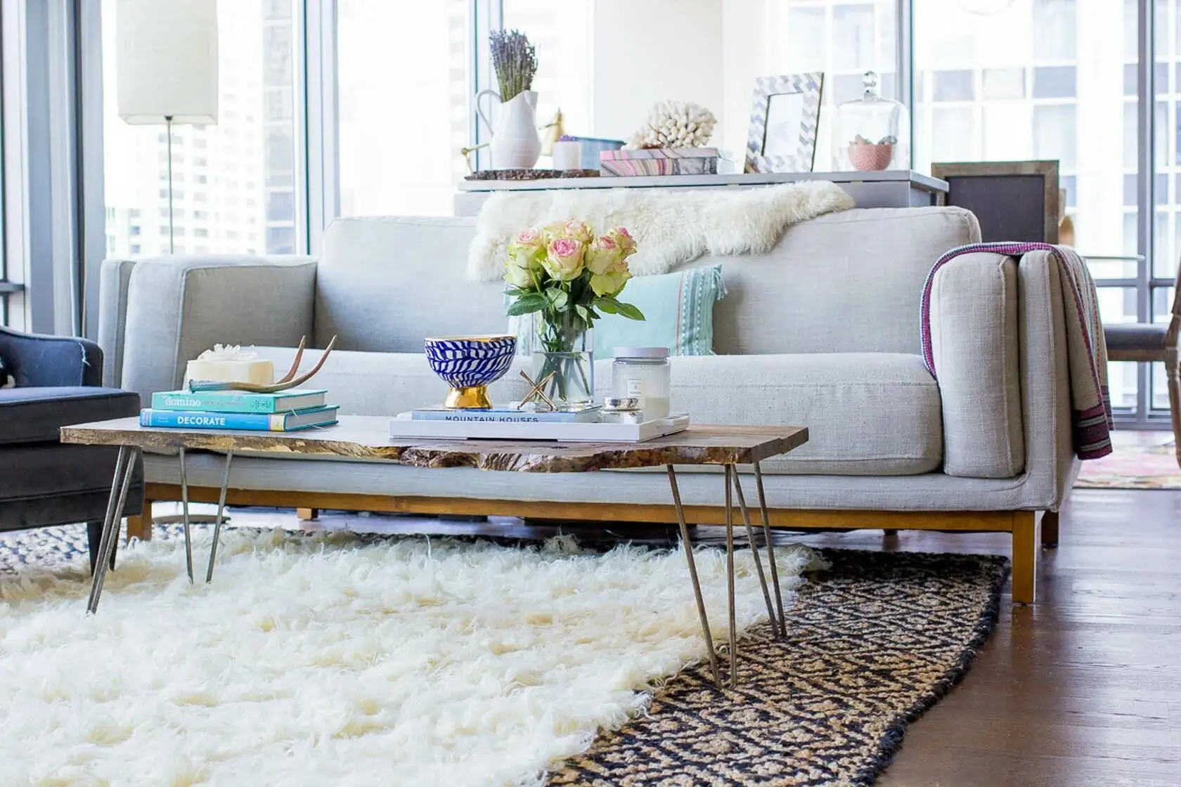 Layered rugs in a living room