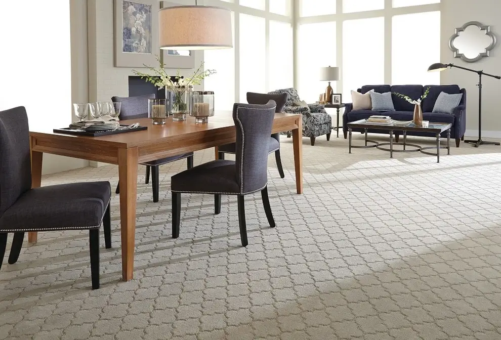 Dining room with a patterned rug