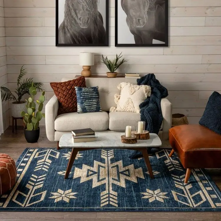 A cozy living room with bohemian decor and a jute rug